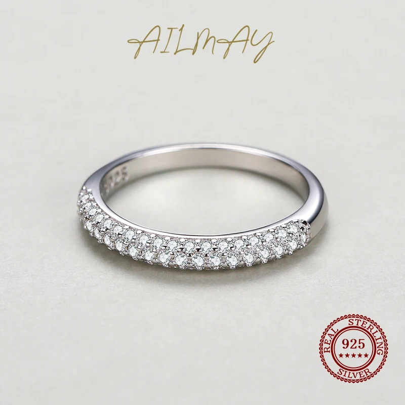 Ailmay New Fashion Solid 925 Sterling Silver Stackable Clear CZ Finger Ring For Women Luxury Wedding Accessories Jewelry Gift