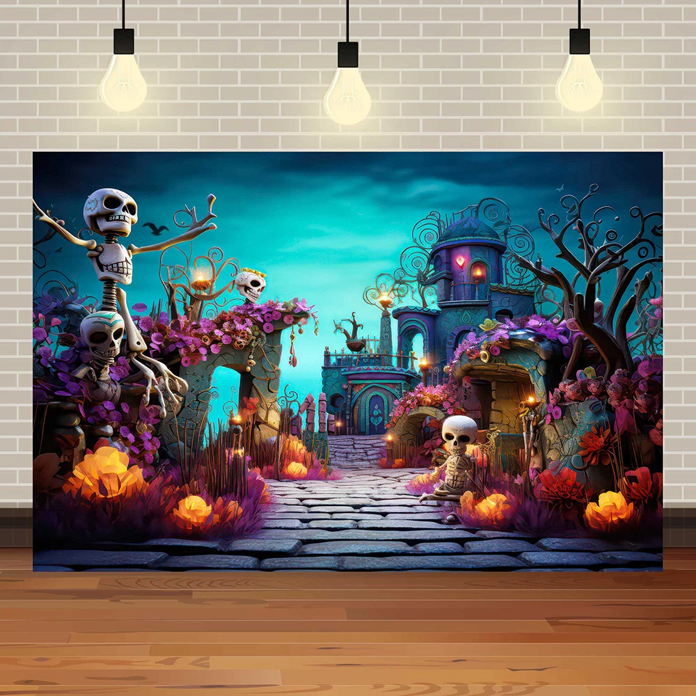 Halloween Eve Theme Skull Flowers Night Castle Moon Pumpkin Lights Skeleton Family Party Kids Photography Background Studio Prop