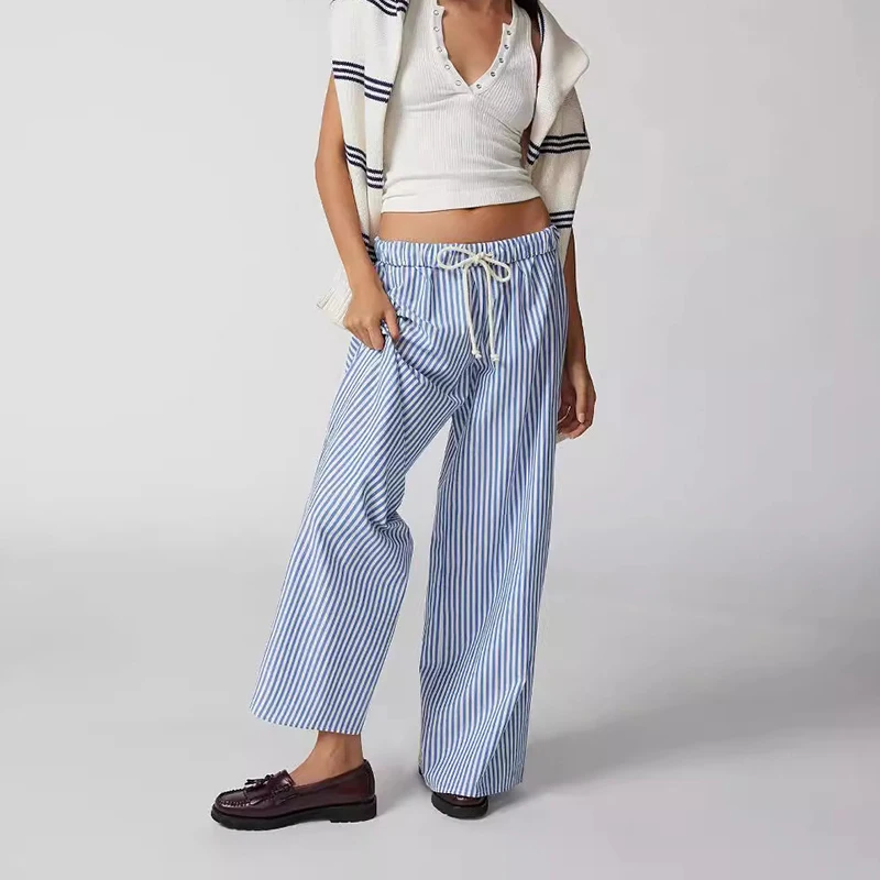 

Women Pants Casual Blue Striped Casual Pants Drawstring Elastic Waist Wide Leg Pants 2024 Summer Y2K Street