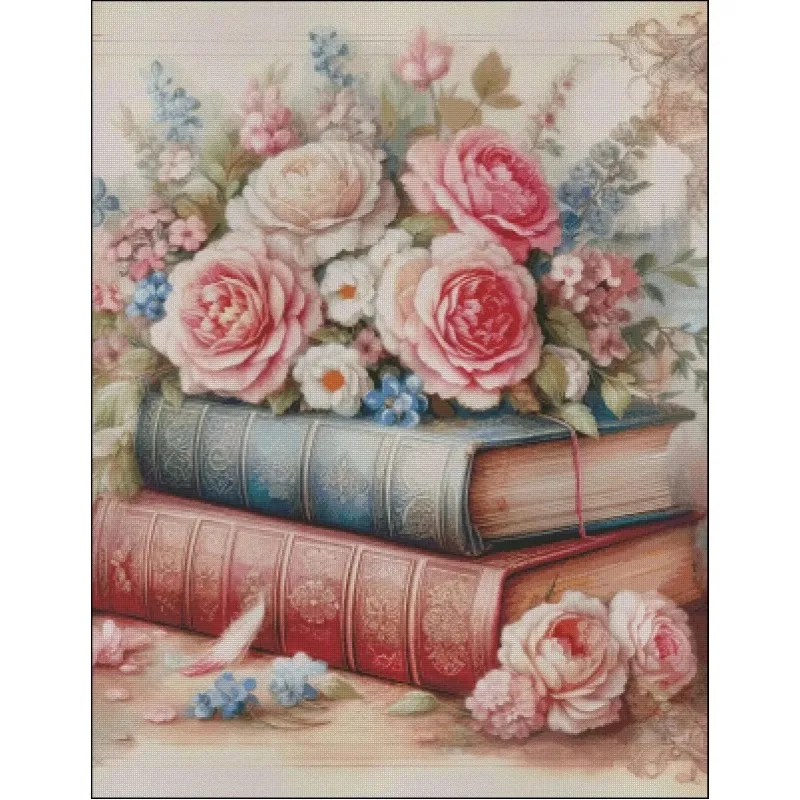 

ZZ5387-Flowers Books 14CT 16CT Print Canvas Cross Stitch DIY Set Kit Needlework Embroidery 76 Colors