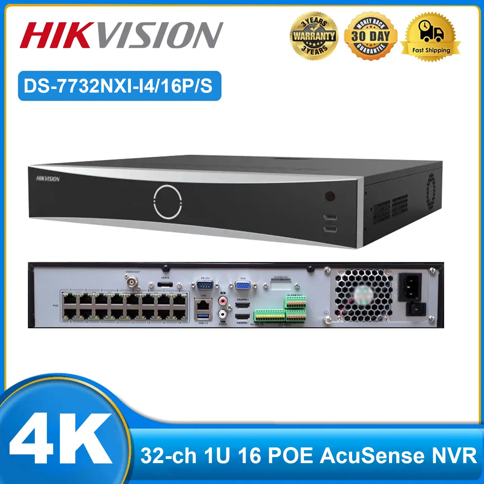 Hikvision DS-7732NXI-I4/16P/S 4K NVR 32-ch 1U 16 POE AcuSense Human Face Capture H.265+ Network Video Recorder for IP Camera