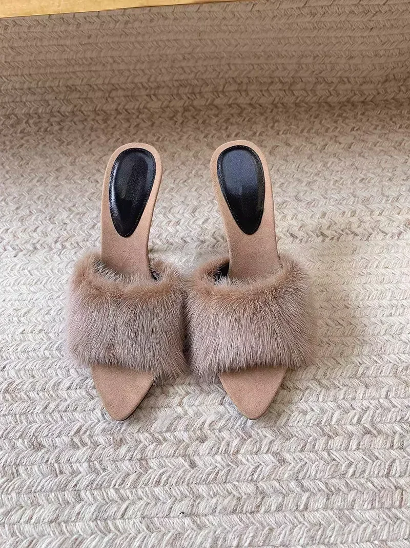 Genuine leather fur, mink fur, high set thin heels, exposed toe sandals women\'s sexy one and a half drag fur, high heels sandals