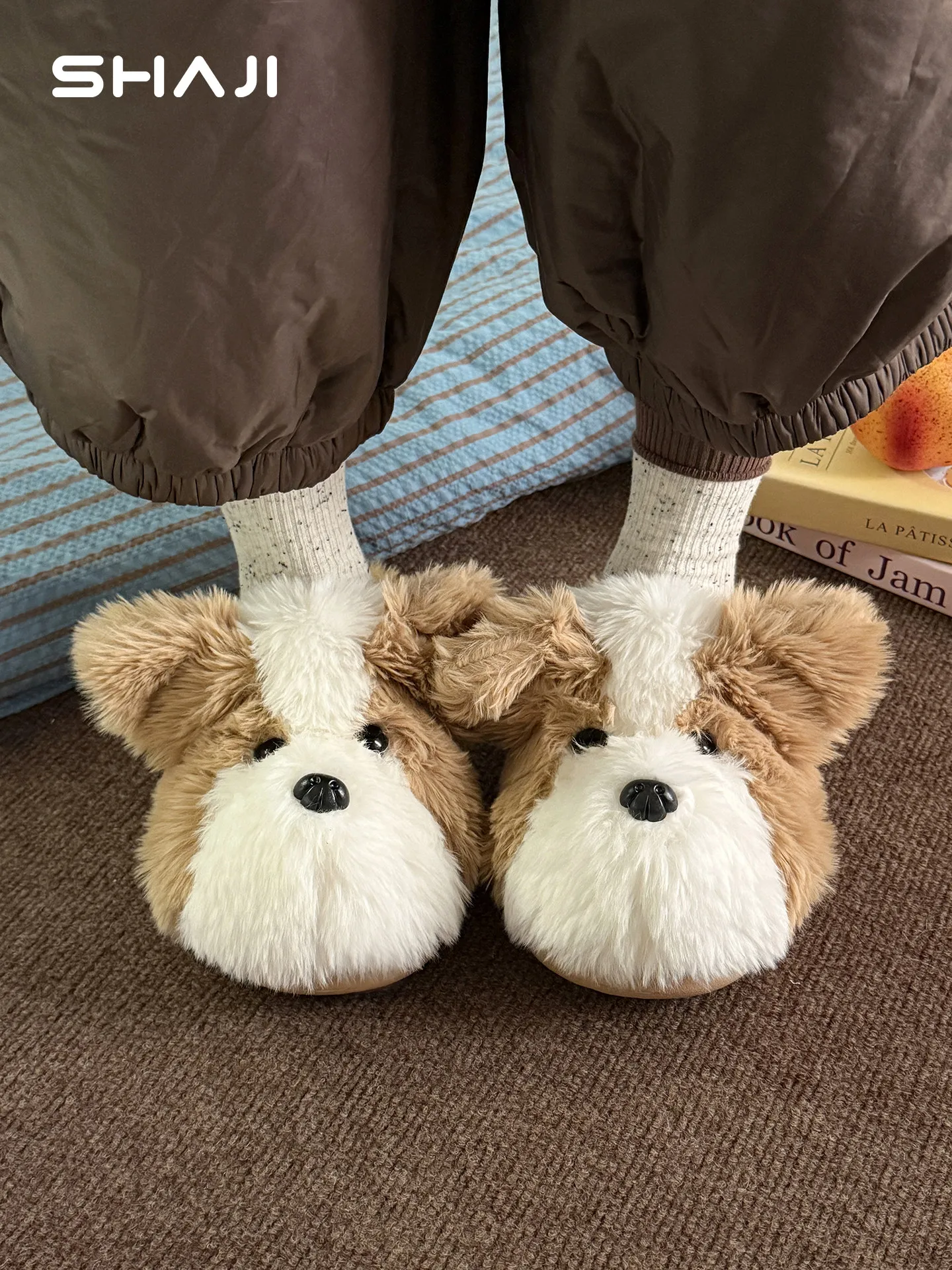 SHAJI Unisex Couple Winter Border Collie Plush House Slippers, Men's Non Slip EVA Sole Fluffy Wide Fit Warm Indoor Shoes