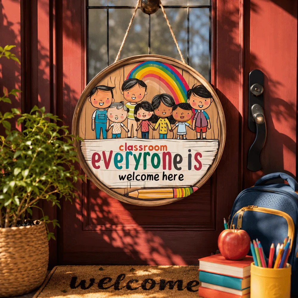 Cute 2D Flat Welcome Sign Round Wooden Ornaments Classroom Door Sign Colorful Decoration Teacher Sign Classroom Decor