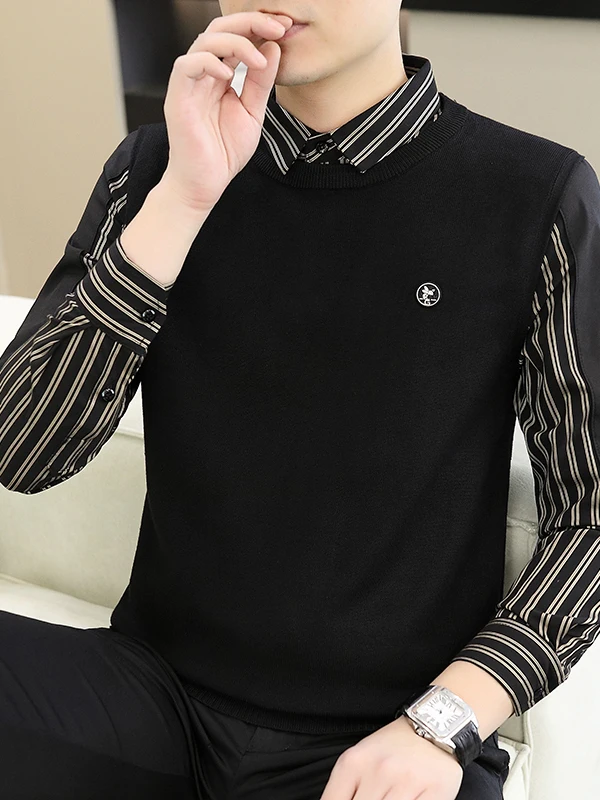 

Мужской вязаный жилет с имитацией двухслойности, воротником-рубашкой, в полоску, в стиле пэчворк, повседневный, из смесовой ткани (полиэстер, вискоза, спандекс), зимний