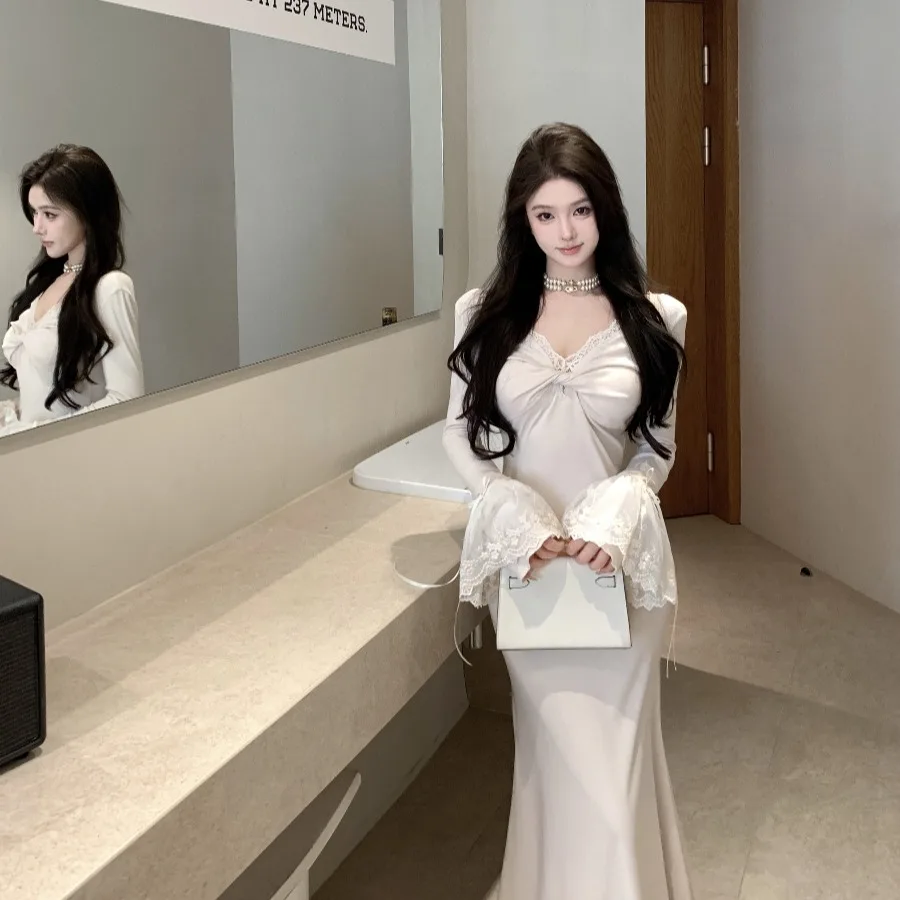 Herbst Winter V-ne Spitze Trim Langen Rock Abnehmen Fi-tail Dr frauen Hohe Taille Koreanische Sle A-line Dr lange Sve