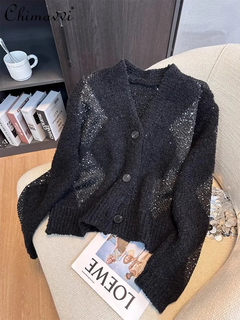 2024 Autumn and Winter New French Light Luxury Temperament Black Heavy Industry Rhombus Sequined Knitted Cardigan Sweater Women