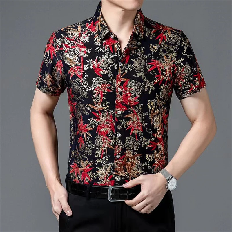 

Bronzing Floral 3D Print Shirts For Men Short Sleeve Casual Silky Summer Quality Smooth Comfortable Icy Luxury Camisas De Hombre