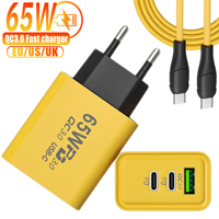 65W Type C Charger USB PD Fast Chargers EU/US/UK 3 Ports QC 3.0 Adapter USB C Quick Charging Cable for IPhone 15 Samsung Xiaomi