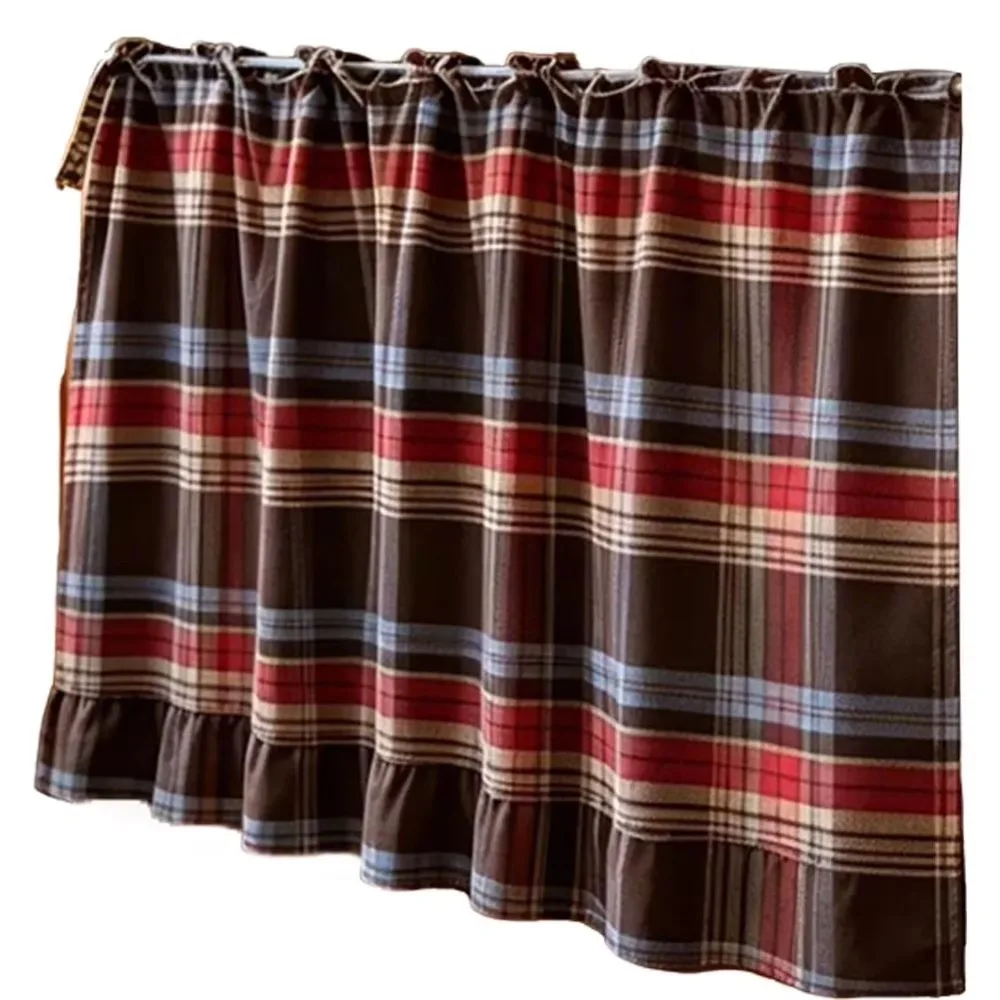 Ruffled Edge Farmhouse Plaid Kitchen Oven Skirt Cotton No Drilling Kitchen Stove Cover with Tie Ribbon Kitchen Cabinet Curtain