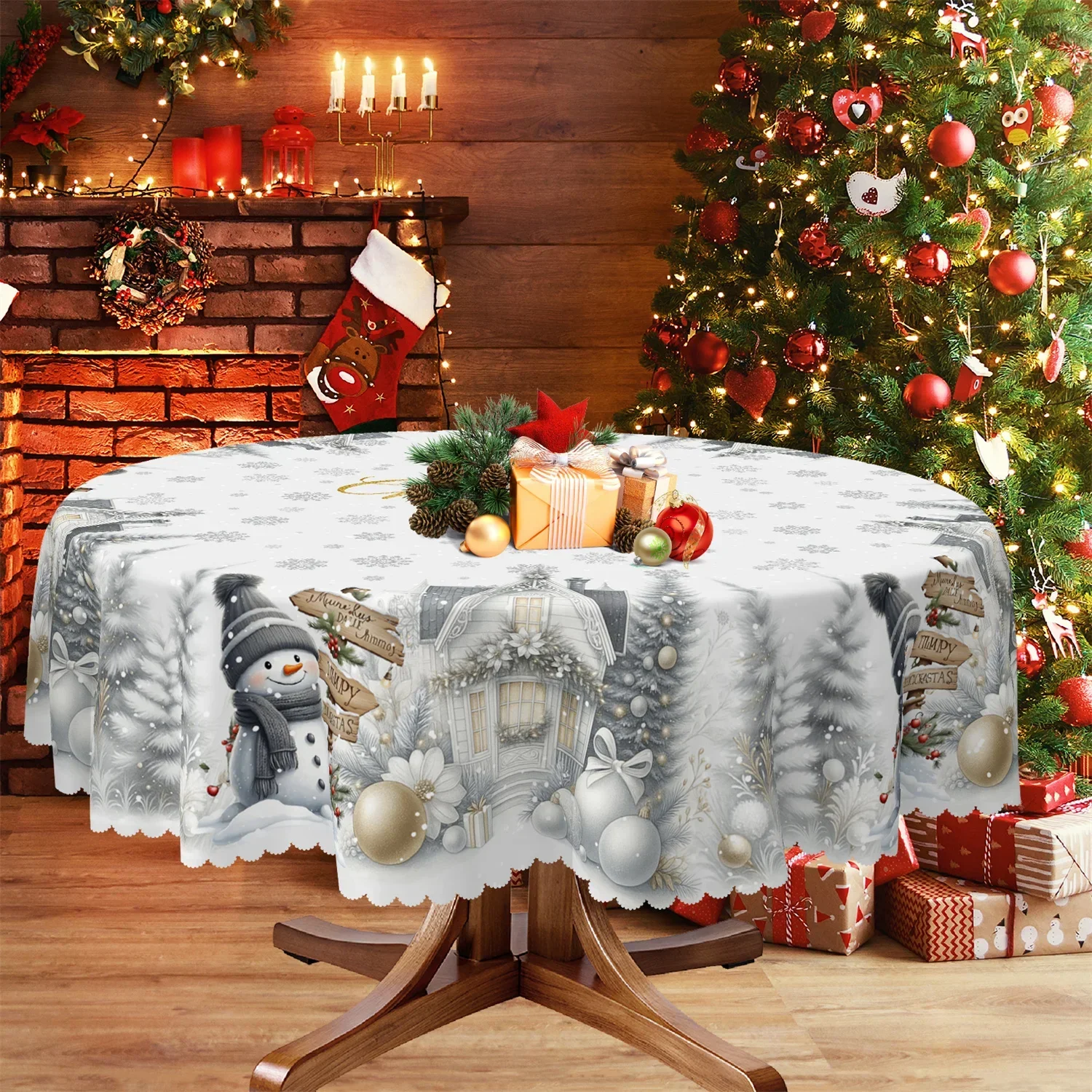 Polka Dot Fairy Tale Christmas Tree Christmas Balls Cabin Snowman Snowflakes Flowers Christmas Tablecloth 1 Pack YZB
