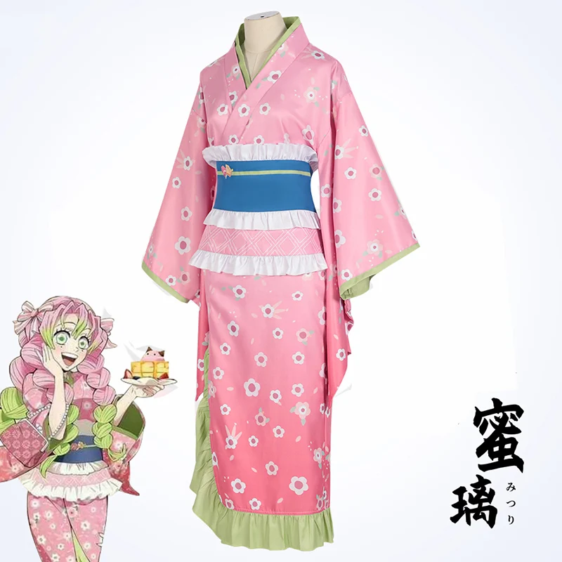 

Anime Mitsuri Cosplay Japanese western style Retro Cute Pink Dress Women Costume full set kimono