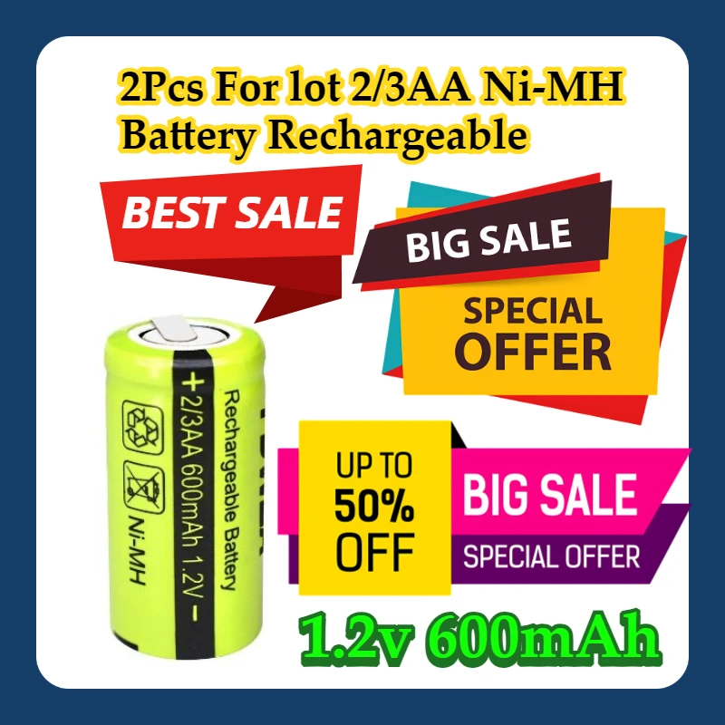 

2Pcs For lot 2/3AA Ni-MH Battery Rechargeable 1.2v 600mAh