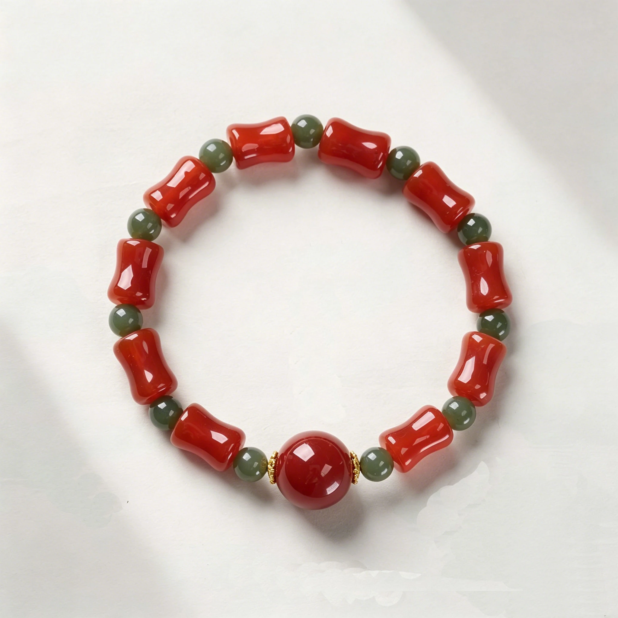 

Natural Red Agate & Hetian Jade Bamboo Beads Beaded Bracelet for Women New Chinese Style Lucky Charm Hand String Fine Jewelry