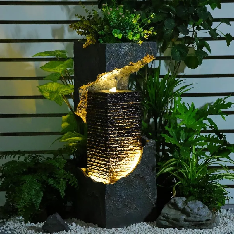 Outdoor Garden Fountain 35.4 Inch High Modern Outdoor Fountain and Waterfall with Light Floor Standing Indoor Fountain