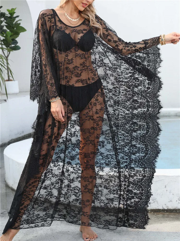 Robe longue en dentelle à volants pour femmes, robe d'été noire, robe Maxi, couverture de Bikini, nouvelle tendance, 2025