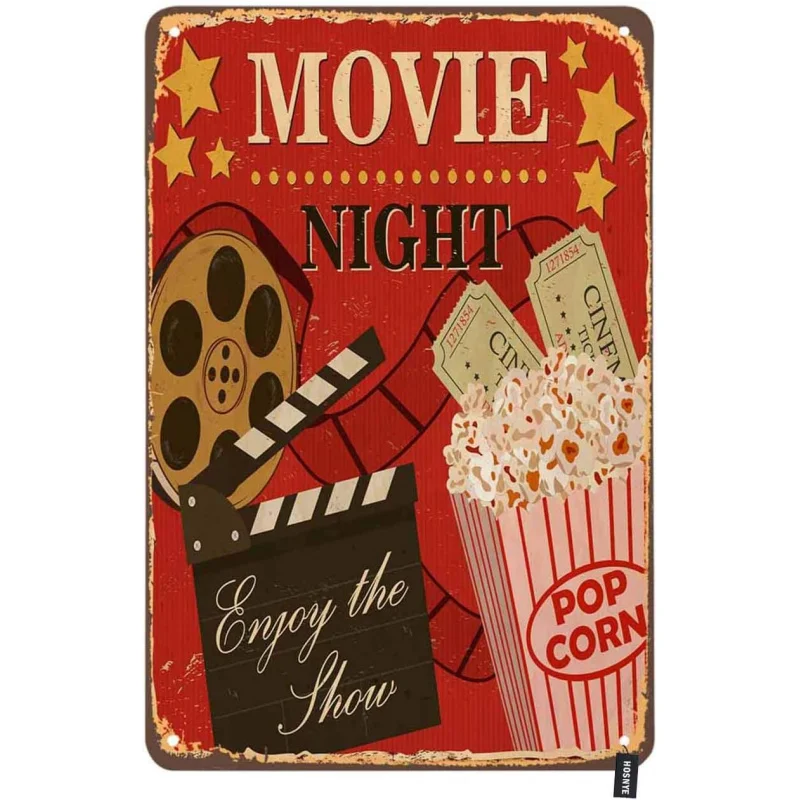 

Movie Night Iron Painting Poster Appreciation Popcorn Red Background Performance Wall Art Decoration Home Bar Cinema 30x20 cm