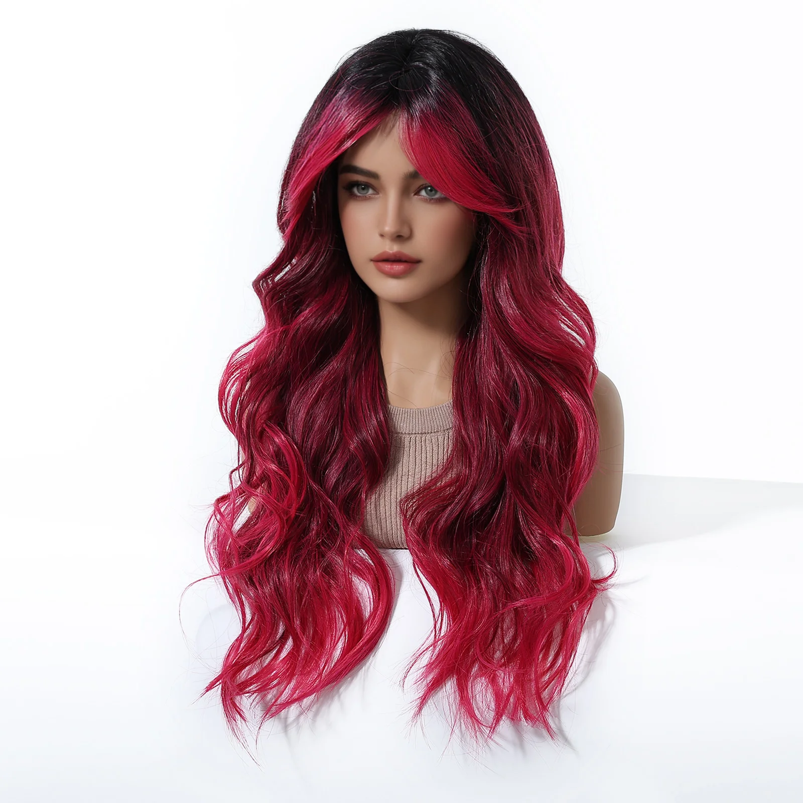 Black to Red Ombre Long Wavy Synthetic Wig with Bangs for Women Heat Resistant Hair for Daily and Party Use Natural Looking Wave