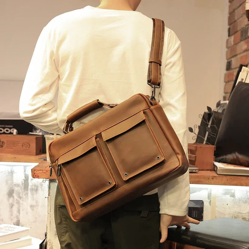 2024 Brown Men Vintage Handbag Business Documents Briefcase Portfolio Laptop Bag Shoulder Messenger Bag Office Handbag