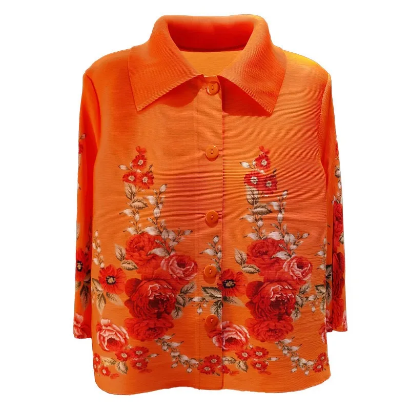 Miyake Pleated Shirt Senior Sense Fashion Lapel Jacket Women 2025 Spring New Commuter Flowers Printed Long-sleeved Pleated Tops