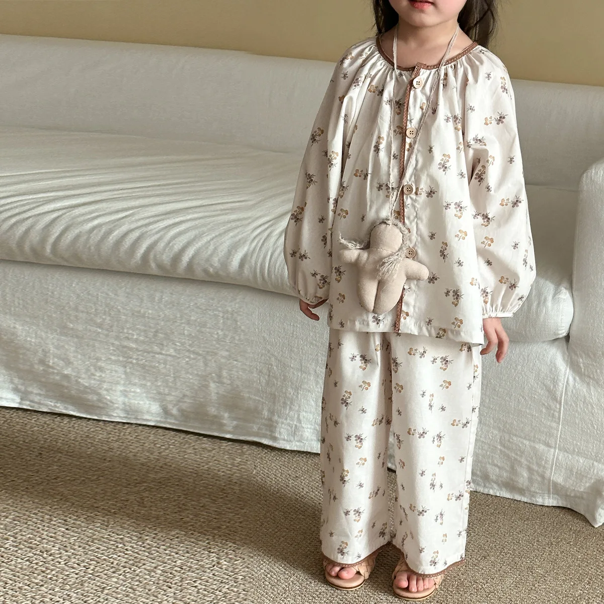 Girls Cotton Pajamas Set Children Home Wear Sweet Flower Print Trousers Pajamas Set Summer Loose Casual Loungewear Pyjama