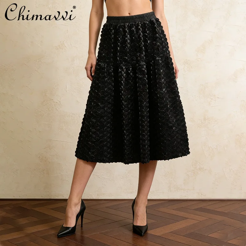 

Весна 2026: Французская элегантная ретро-юбка с объемными 3D-цветами, эластичная, с завышенной талией, А-силуэт, универсальная, длинная, женская