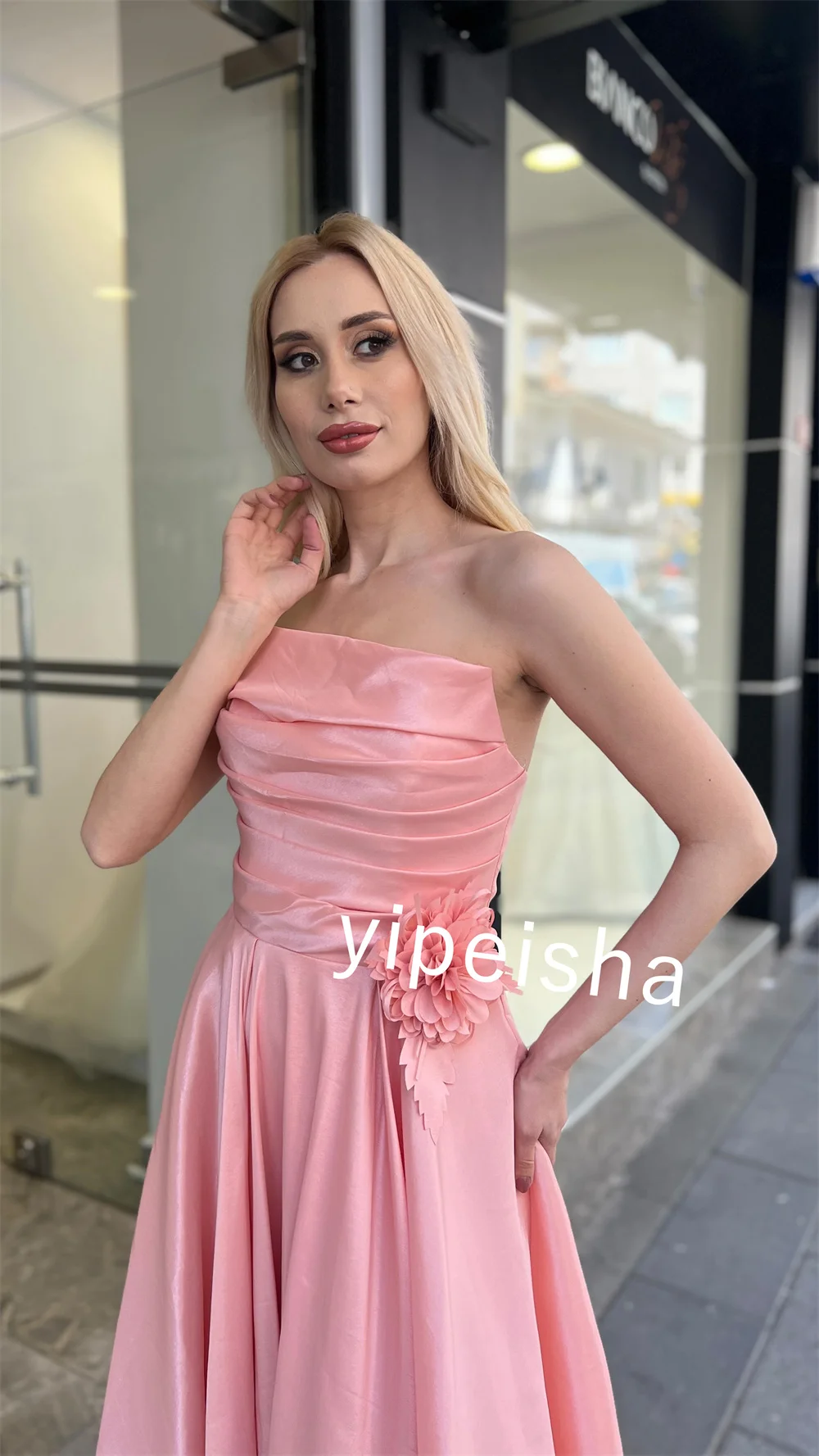 Exquisite Jersey Flower Ruched A-line Strapless Long Dresses Prom Dresses High Quality Sexy Sparkle  Sizes Available Matching