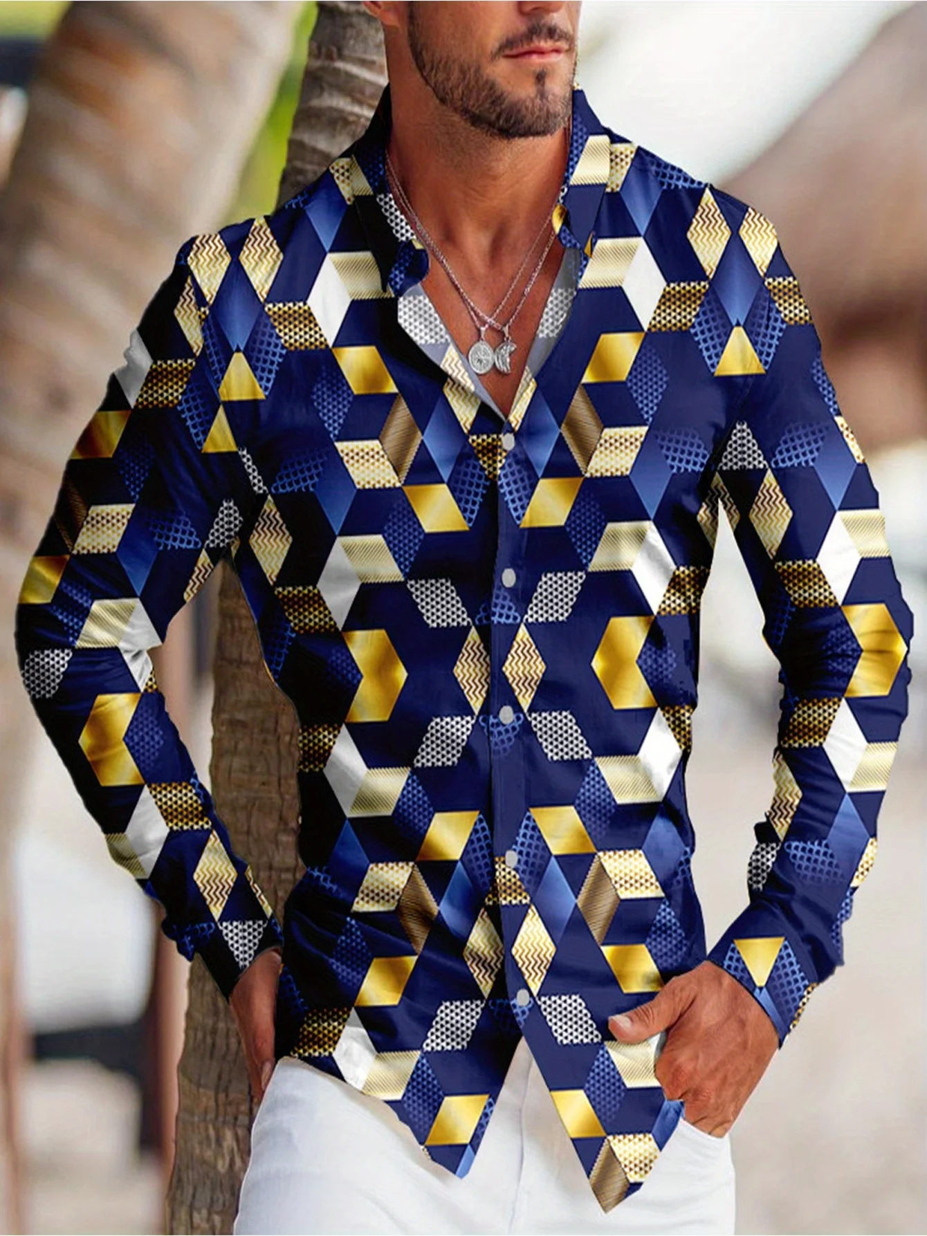 

Men'S Tribal Print Long Sleeve Button-Up Shirt - Casual Lapel Collar, Loose Fit, Beige & Black Pattern, Perfect for Spring/