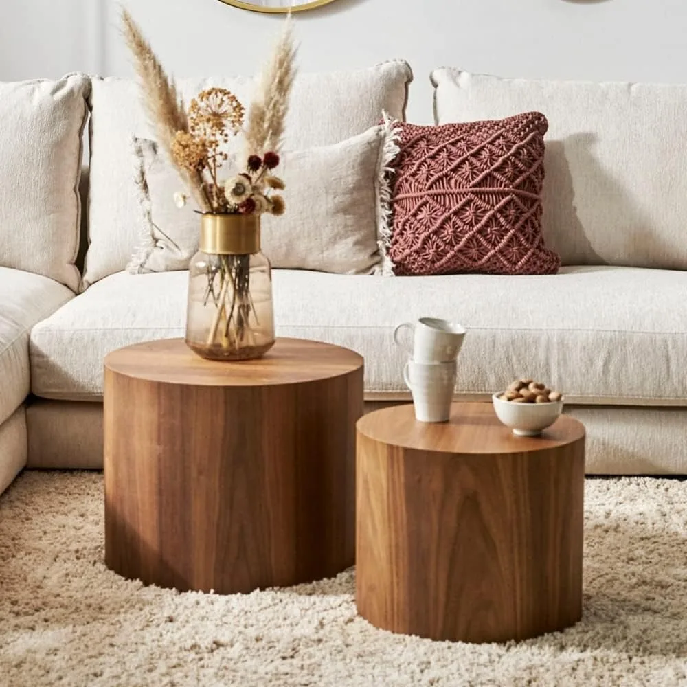 Nesting Coffee Table Set of 2, Walnut Round Wooden Coffee Tables Modern Circle Table