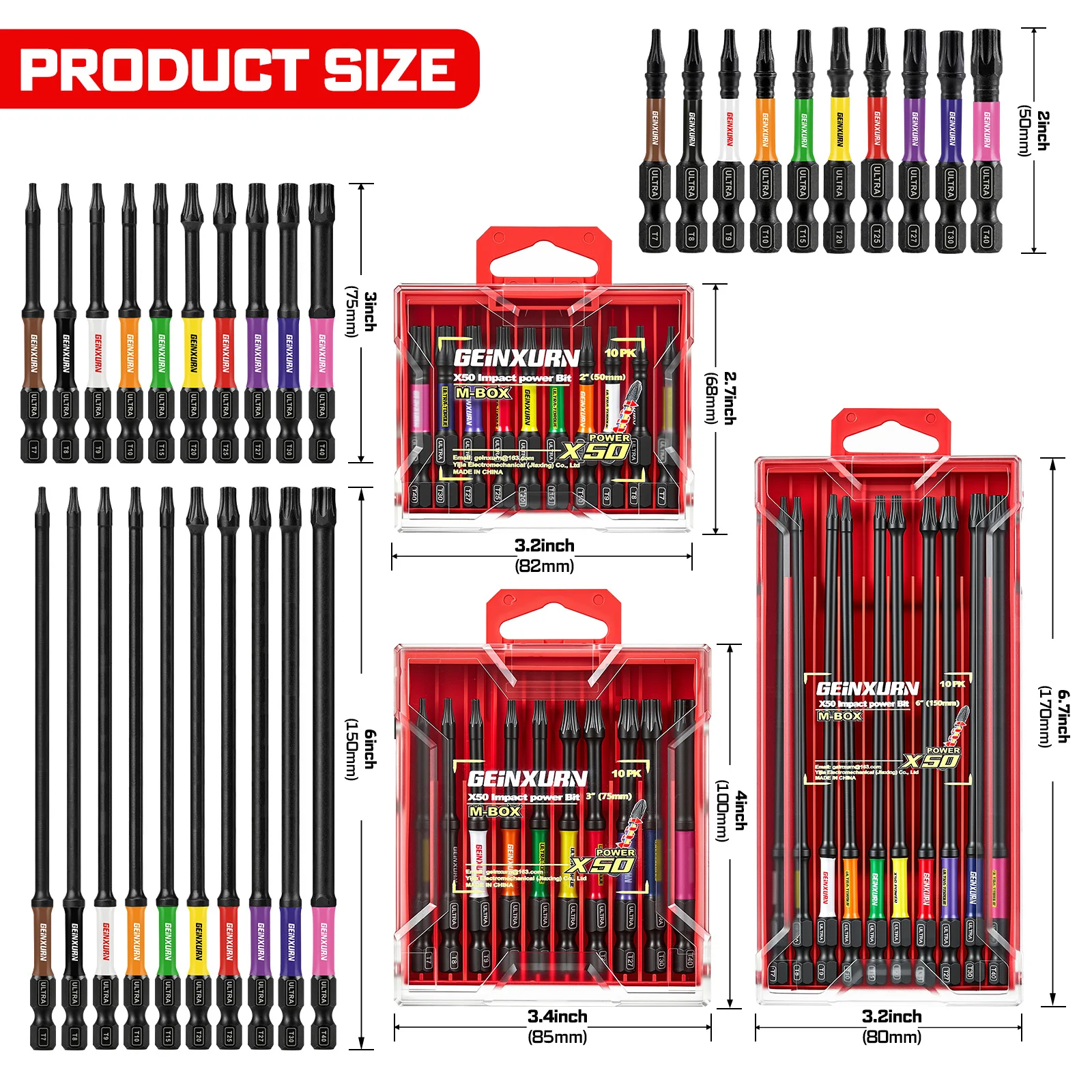 Geinxurn 2/3/6 Inch T7-T40 TORX Impact Driver Bits with Mechanical Case, S2 Steel, for Auto Repair and Home Use