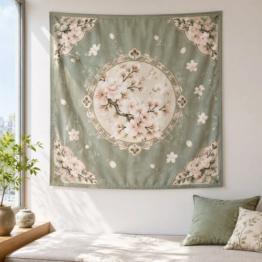 VIKAMA Cherry Blossom Tapestry Wall Hanging, HD Print Wall Art, Japanese Sakura Decor for Bedroom Living Room Study Entryway