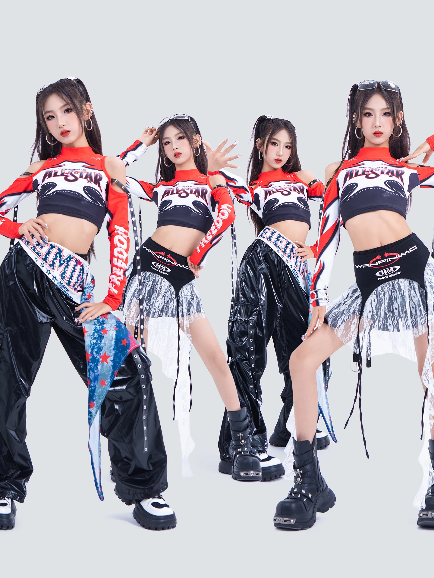 ชุดการแสดงเต้นแจ๊สสมัยใหม่สำหรับเด็กปี 2025 สำหรับเด็กผู้หญิง เสื้อครอป กางเกงหนัง ชุดสตรีทแวร์ ฮิปฮอป รุ่น XH3816
