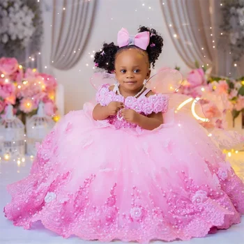 Robe de demoiselle d'honneur avec perles roses pour mariage, appliques 3D, robe de Rhgonflée, robe de première communion, robe de Rhde fête d'anniversaire, quoi que ce soit