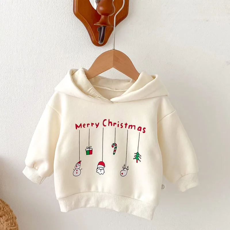 New Year Infant Baby Girls Boys Clothing Set Christmas Toddler Baby Boys Girl Clothes Suit Hooded Plush Pullover Cartoon Print