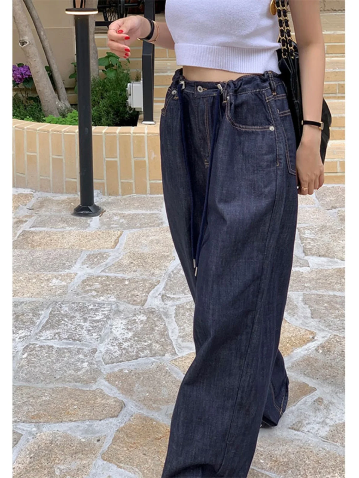 

Retro Deep Blue Women's Jeans Drawstring Design Cool Versatile Wide Leg Draping Loose Floor-Length Pants High Waist Denim