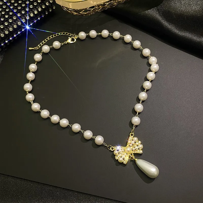 Korean Fashion Rhinestones Shiny Beautiful Pearl Bow Necklace for Women Beaded Necklace Wedding Party Luxury Jewelry Gifts mujer