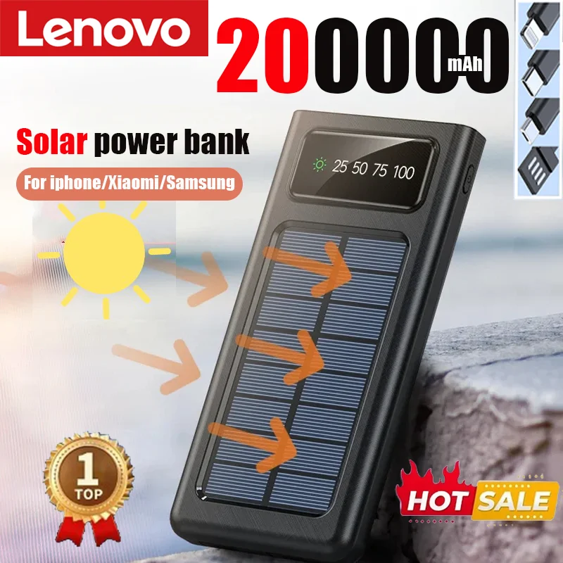 Lenovo 200000mAh Solar Power Bank Built Cables Solar Charger 2 USB Ports External with LED Light Super Fast Charger Power Bank