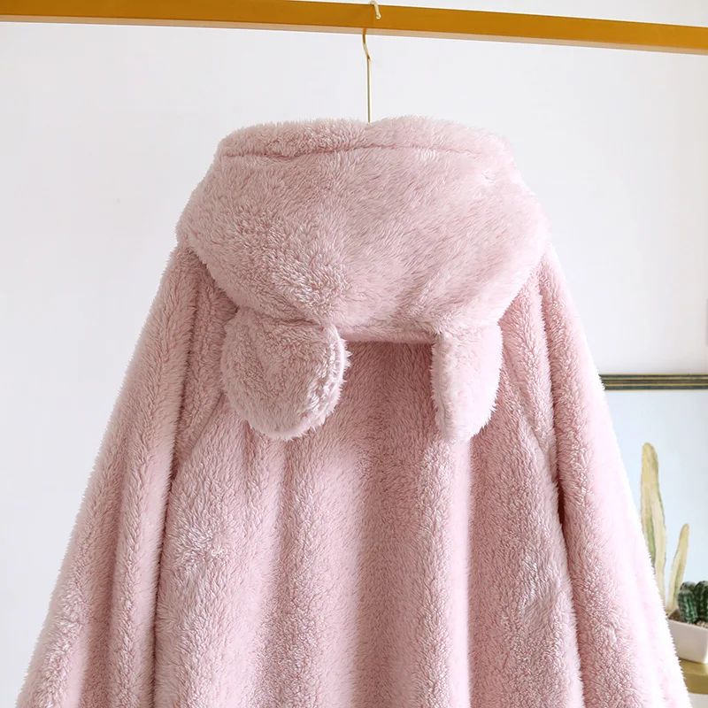 Thickened Coral Fleece Hooded Sleepwear Kimono Bathrobe Gown Winter Women Robe Nightgown Loose Warm Flannel Nightdress Home Wear