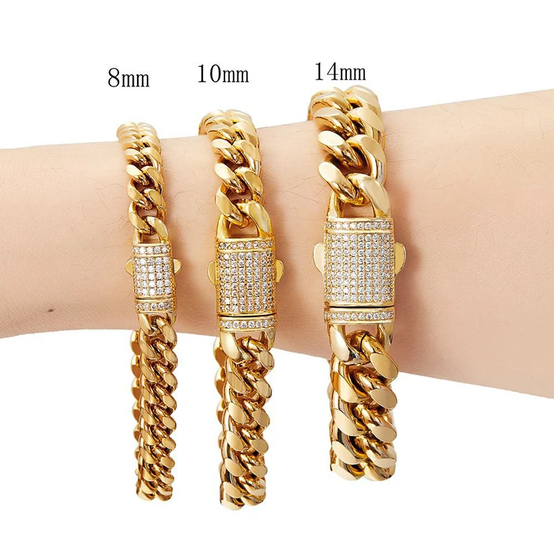 Hip Hop 3A+ CZ Stone Paved Bling Iced Out Cuban Miami Link Chain Bracelets for Men Rapper Jewelry Gold Color