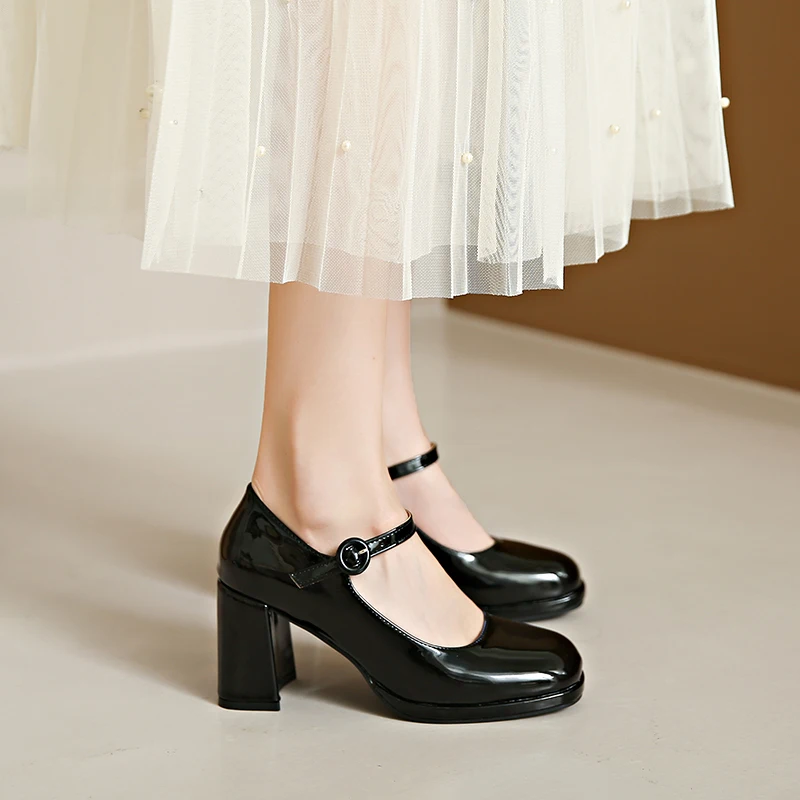2024 New Fashion Women Shoes High Heels Mary Janes Patent Leather Thick Heel Pumps Buckle Round Toe Female Footwear Comfort 40