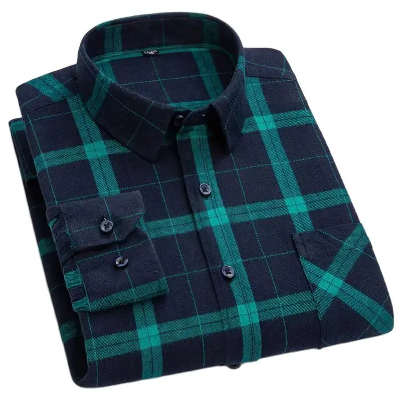 

Men's Fashion Brushed Flannel Plaid Button-down Shirts Single Patch Pocket Long Sleeve Standard-fit Thick Gingham Casual Shirt