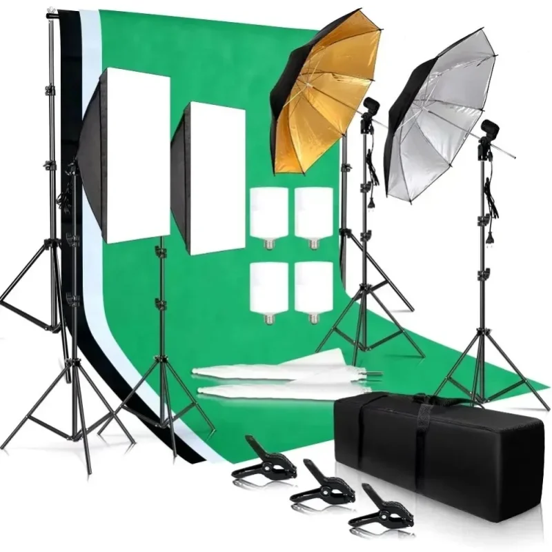 Softbox Beleuchtungsset Fotografie Fotostudio-Kit mit Hintergrundrahmen 3 Stück Hintergründen Stativ Reflektorplatte 4 Schirme