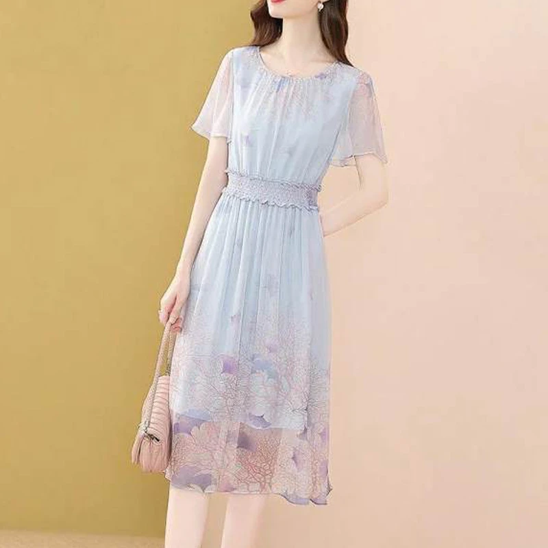 Vestido Midi con estampado Floral para mujer, elegante vestido de oficina informal de manga corta con cuello redondo para fiesta, 2022