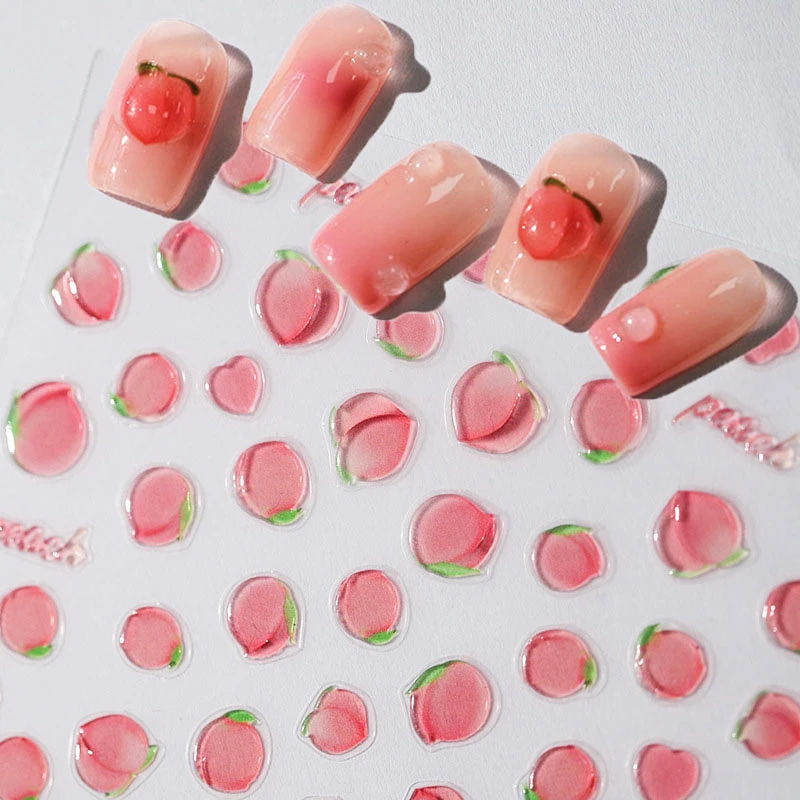 Sweet Pink Jelly Peach Hot Cute Fruits Texture Translucent Soft Embossed Relief Self Adhesive Nail Art Sticker 3D Manicure Decal