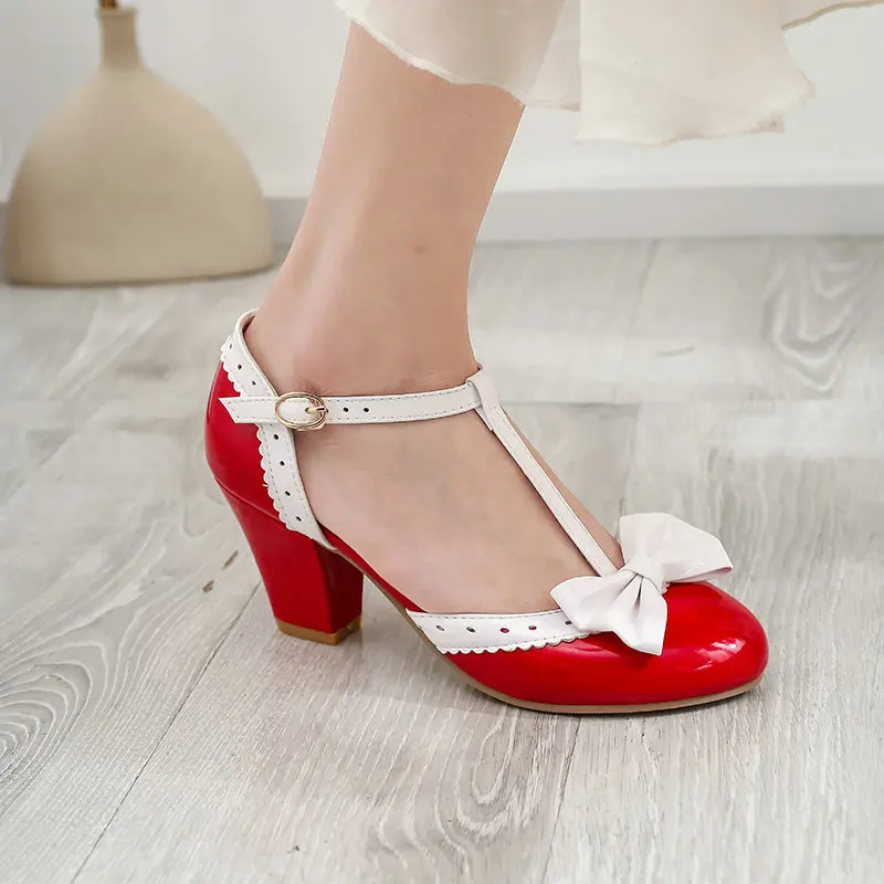 Big Size 32-46 Bowtie Mary Janes 6.5cm Girls High Heels Women Pumps Red Patent Leather Casual Office Lady Round Toe Lolita Shoes