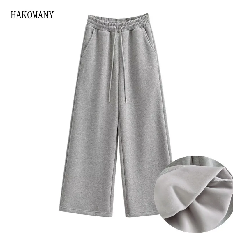 Women Joggers Sweats Pants Winter Elastic Drawstring Waist Sports Straight Wide Leg Pants With Fleece Long Trousers  4 COLORS