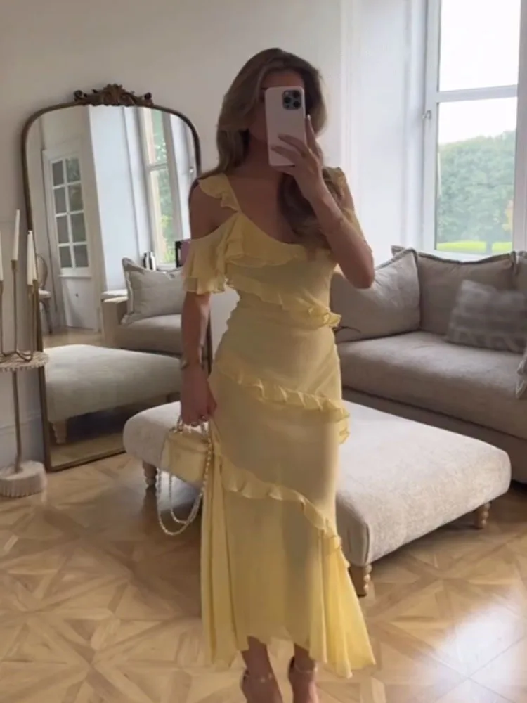 HH Vestidos de moda feminina gola quadrada amarela sem mangas sem costas em camadas decoração feminina verão estilo praia vestido longo