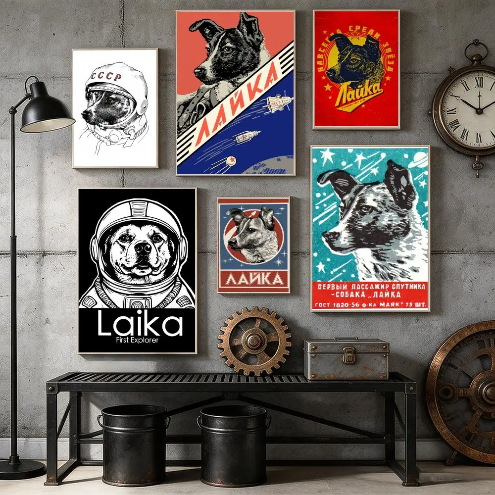 Gagarin Space Art L-Laika Dog Poster HD Self Adhesive Wall Mural Stickers Decals for Bedroom Living Room Home Decor Gift