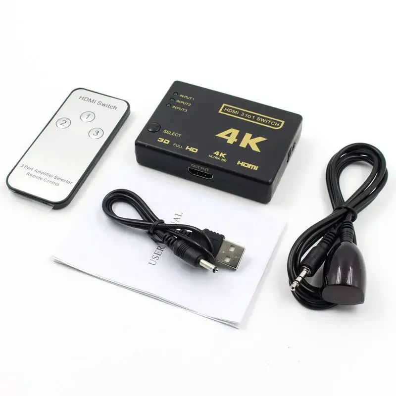 

4Kx2K, 3 входа, 1 выход, видео-аудио, HDMI-совместимый переключатель-концентратор, монитор, разветвитель, ТВ-переключатель HD с пультом дистанционного управления для HDTV, PS3, Xbox