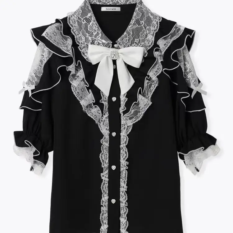 Fashionable Temperament and Versatile Japanese Butterfly Condensation Shoulder Lace Mid Sleeve Sweet Shirt